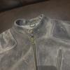 Men's Khaki Distressed Leather Jacket with Stand Collar and Multi-Pocket Design