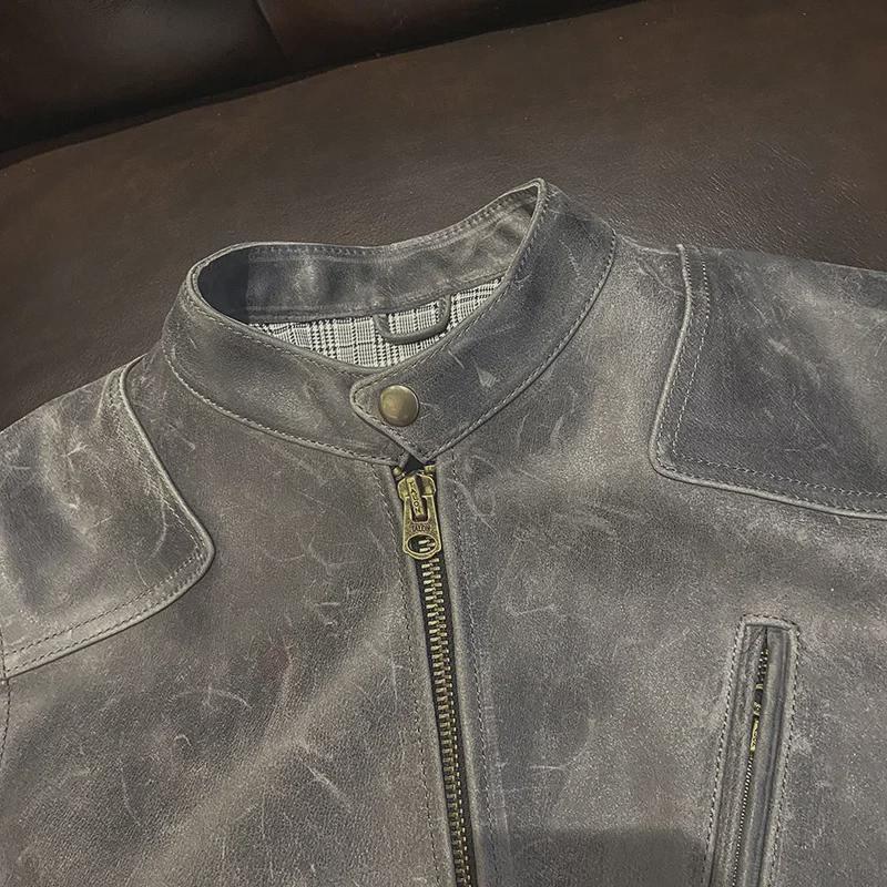 Men's Khaki Distressed Leather Jacket with Stand Collar and Multi-Pocket Design
