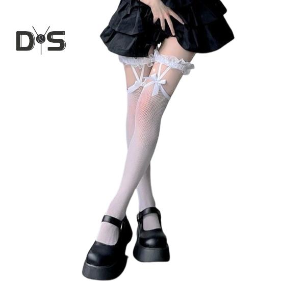 

1 пара женских чулок, прозрачные, ультратонкие, с сеткой, с кружевным бантом, высокая эластичность, выше колена, обтягивающие, однотонные, в японском стиле, нескользящие, женские белый
