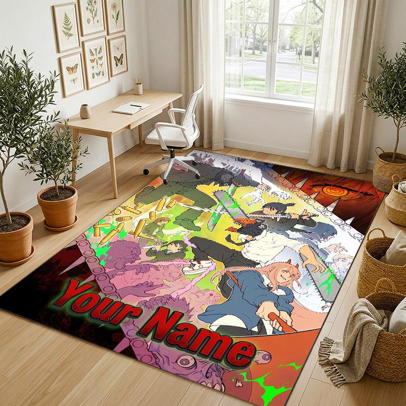 Personalized Crystal Velvet Carpet,Chainsaw Man Custom Printed Name, Plush Area Rug For Home Indoor Decor
