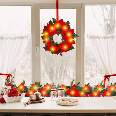 Fireplace String Light Garland LED Warm Light Wireless Christmas Wreath Garland with Flowers Holiday Decoration