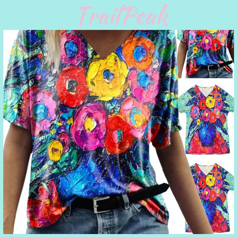 Summer Casual T Shirt With Floral Print And V Neck For Women