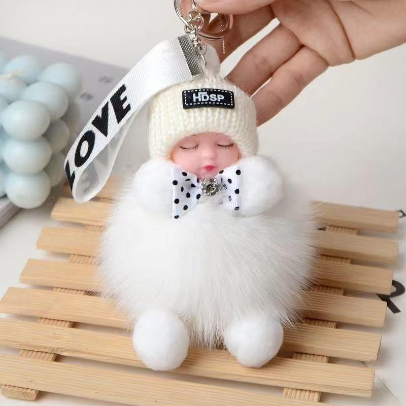 Cute Real Fox Fur Bag Pendant Sleeping Doll Car Keychain Plush Doll