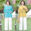 Mom's Summer Outfit T Shirt Lady's Set Two Piece Set Middle Aged Elderly Women's Summer Cotton Linen Short Sleeved