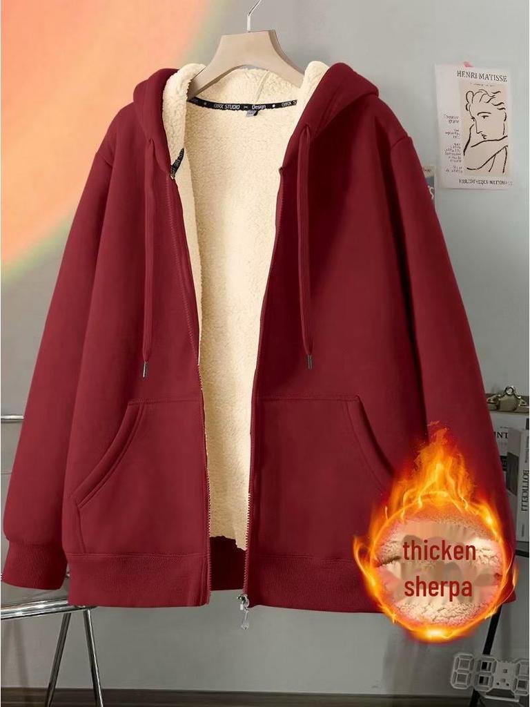 Cardigan cu glugă din piele de miel neagră pentru bărbați: Hanorac Gros Greu Plus Catifea pentru Adolescenți Toamnă/Iarnă