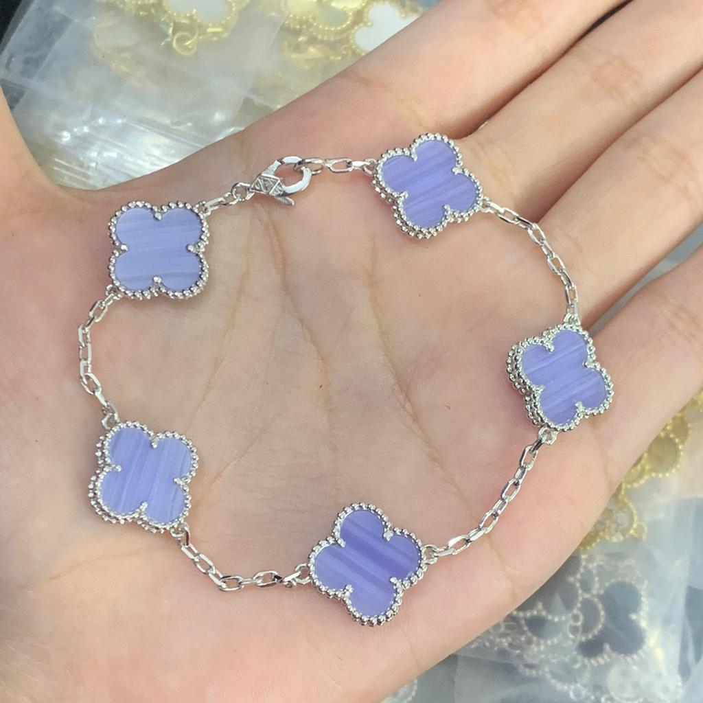 Bransoletka Koniczynka Czterolistna Pięciokwiatowa Mosiądz 18k Nieblaknąca Damska Chalcedon Laserowa Bransoletka