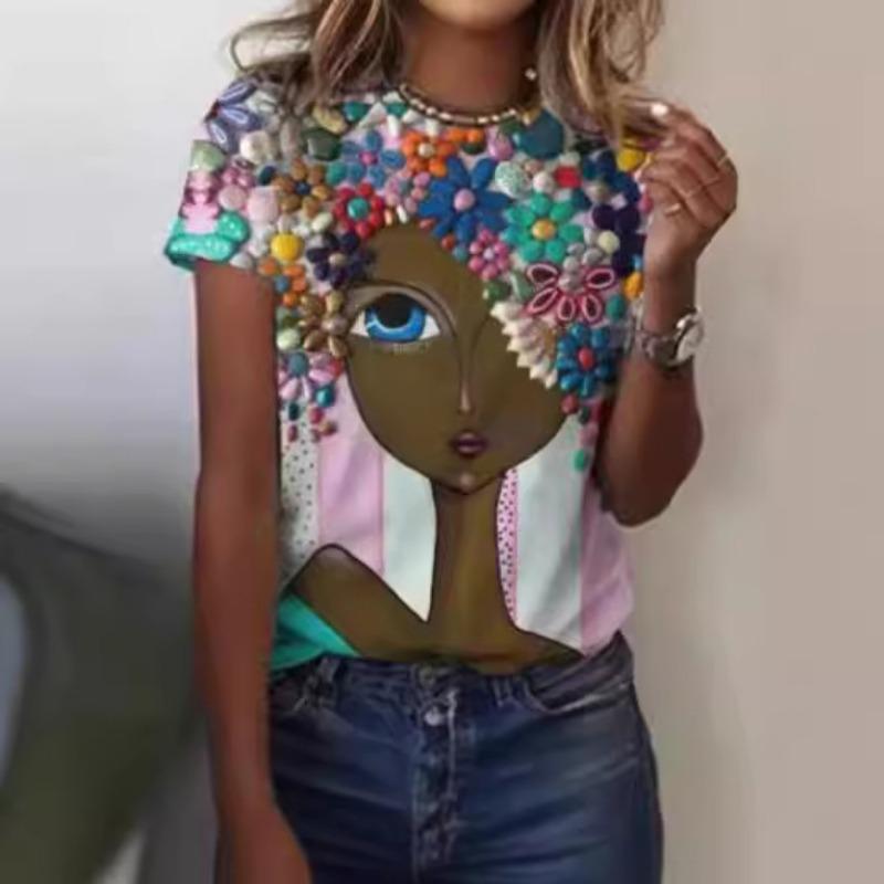 Fashionable Female Portrait 3D Printed Women's Top Harajuku Versatile Round Neck Short Sleeved T-Shirts (women’s