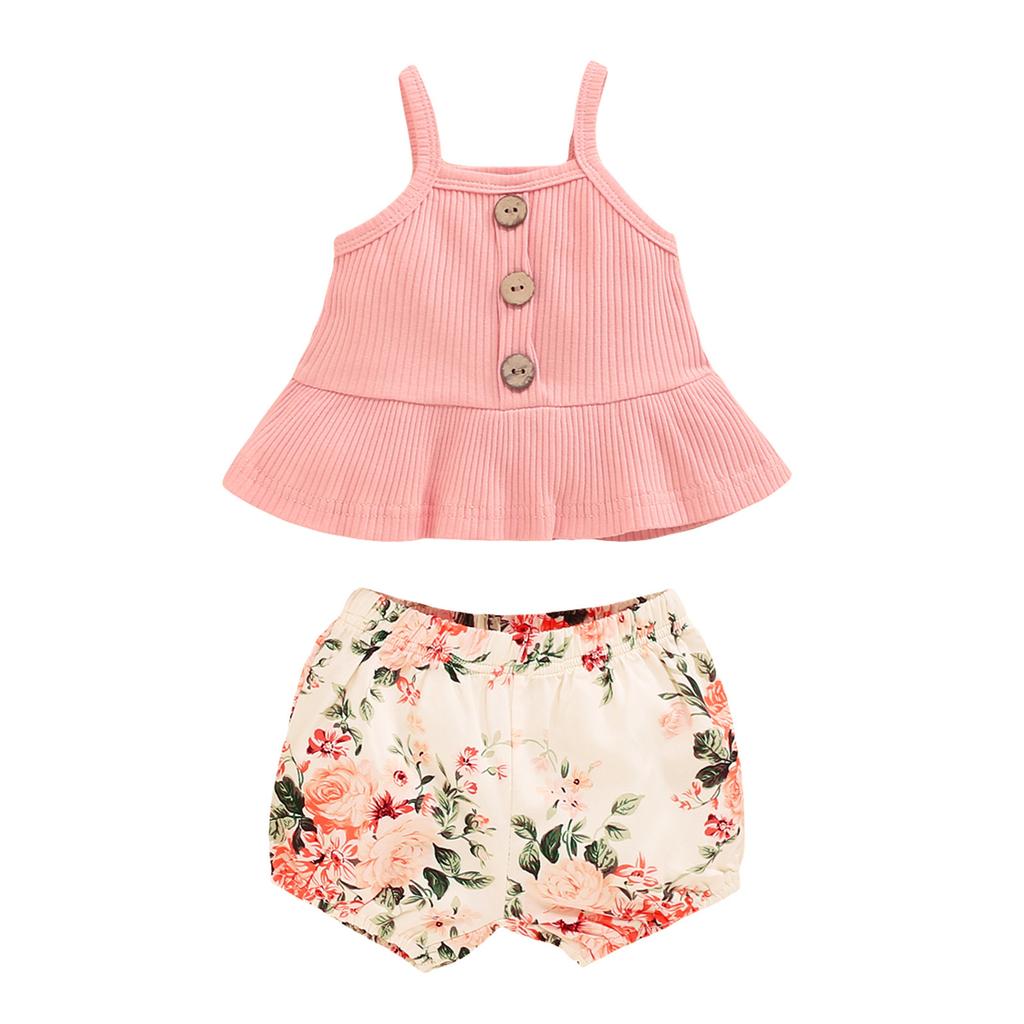 Toddler Baby Girls Ruffles Solid Suspender Tops Floral Printed Shorts Outfits