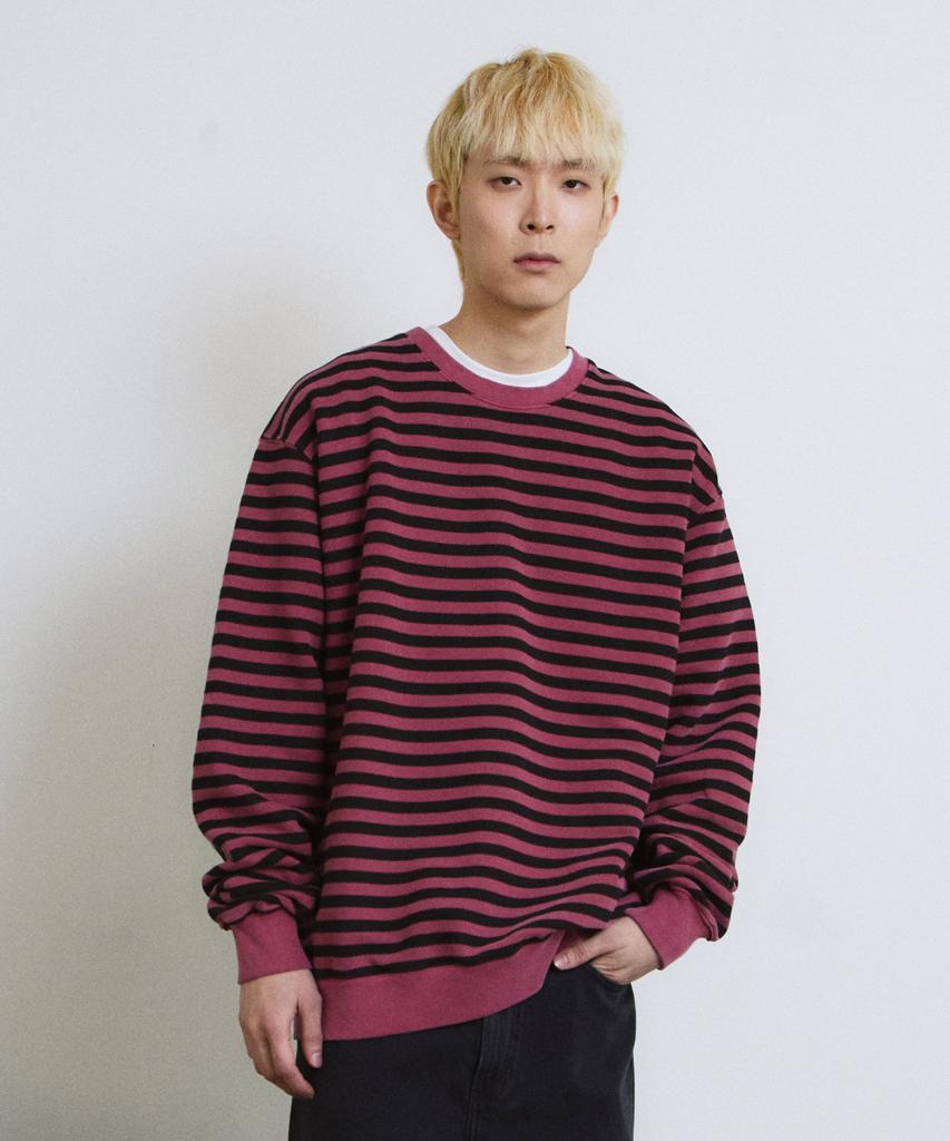 ADERNM Pigment Dyed Stripe Line Sweatshirt (Burgundy)