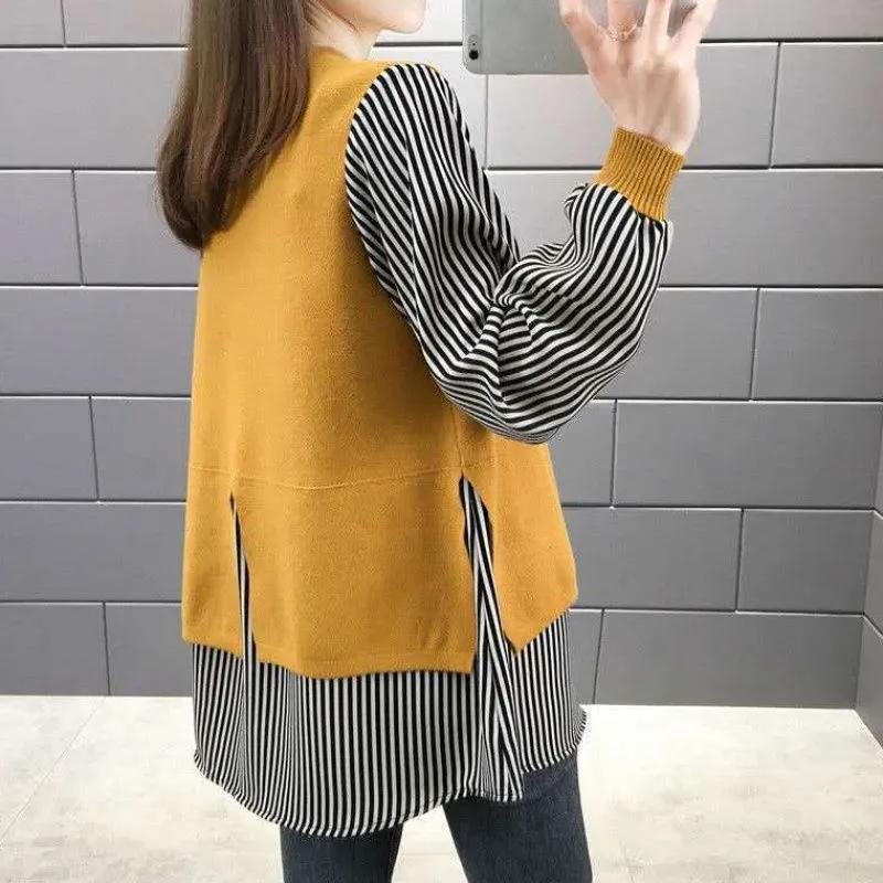 Women's Fall Fine-Striped Shirt Loose-Fit Patchwork Pullover Knit Top