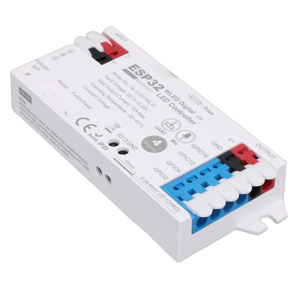Digitaler LED-Streifen-Controller mit Mikrofon 15A Sicherung Typ C UART Download-Port Bis zu 800 LED-Perlen anschließbar 4-Kanal-Ausgang