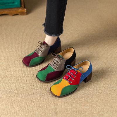 Mode Neue Frühling Mischfarben Slipper Damenschuhe Klobige Absätze Runde Zehenpartie High Heels Schuhe für Frauen Schnürung Damenpumps Zaptos De Mujer