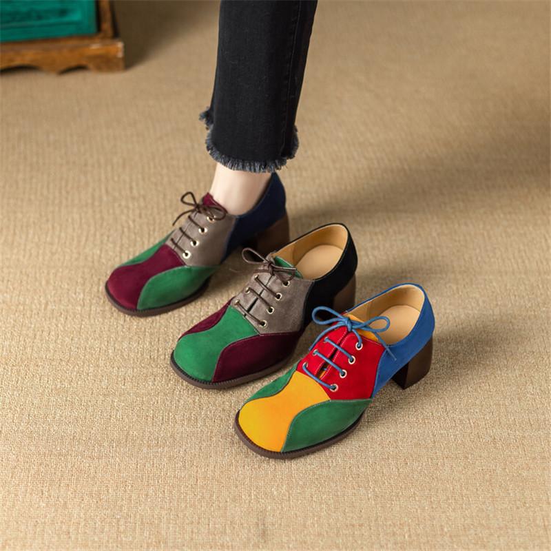 Fashion New Spring Mixed Color Loafers Woman Shoes Chunky Heels Round Toe High Heels Shoes for Women Lace Women Pumps Zaptos De Mujer