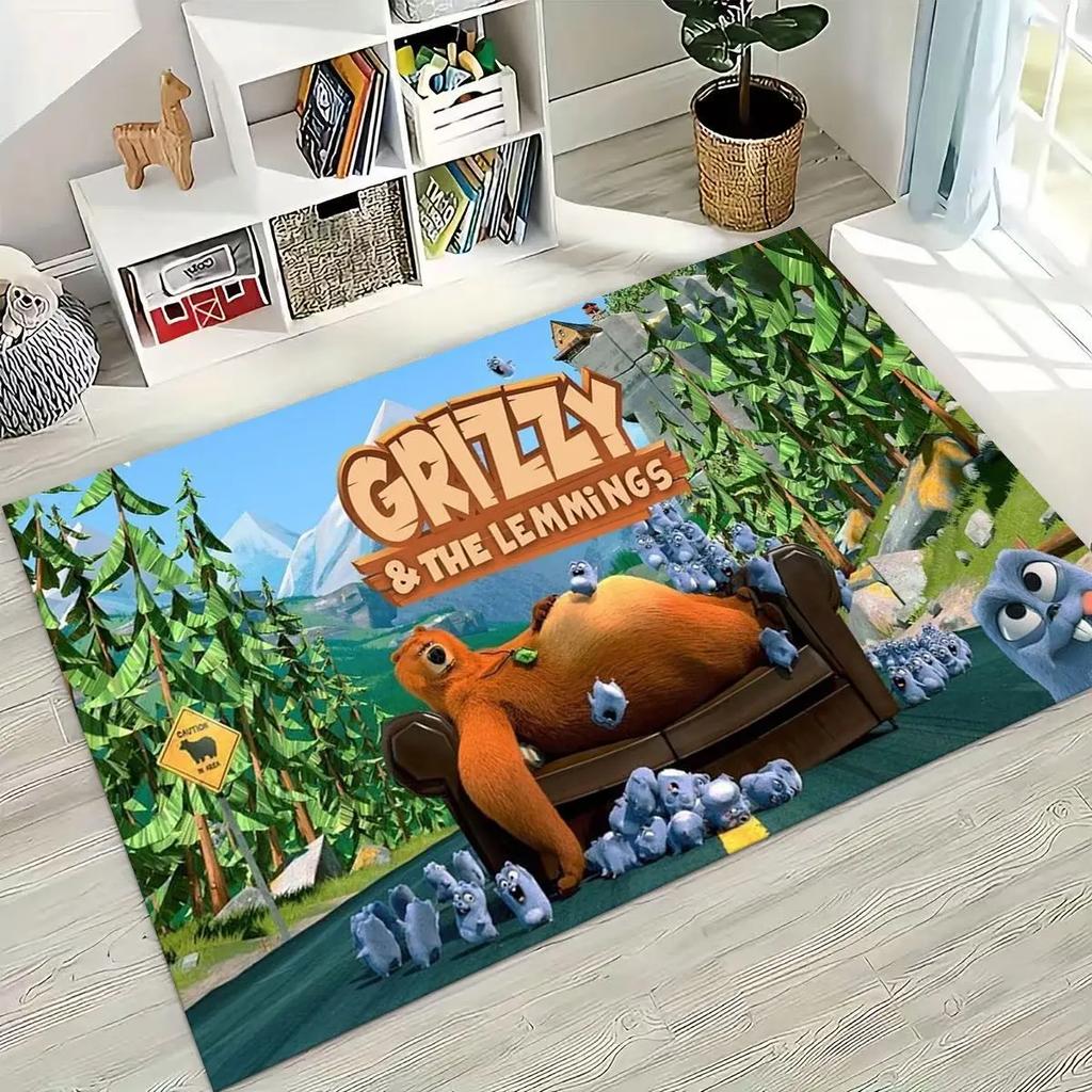 Covor amuzant Grizzy și Lemingii Desen Animat pentru Dormitor Sufragerie Canapea Preș de Intrare Decor, Covor Mare Non-alunecos pentru Joacă Copii