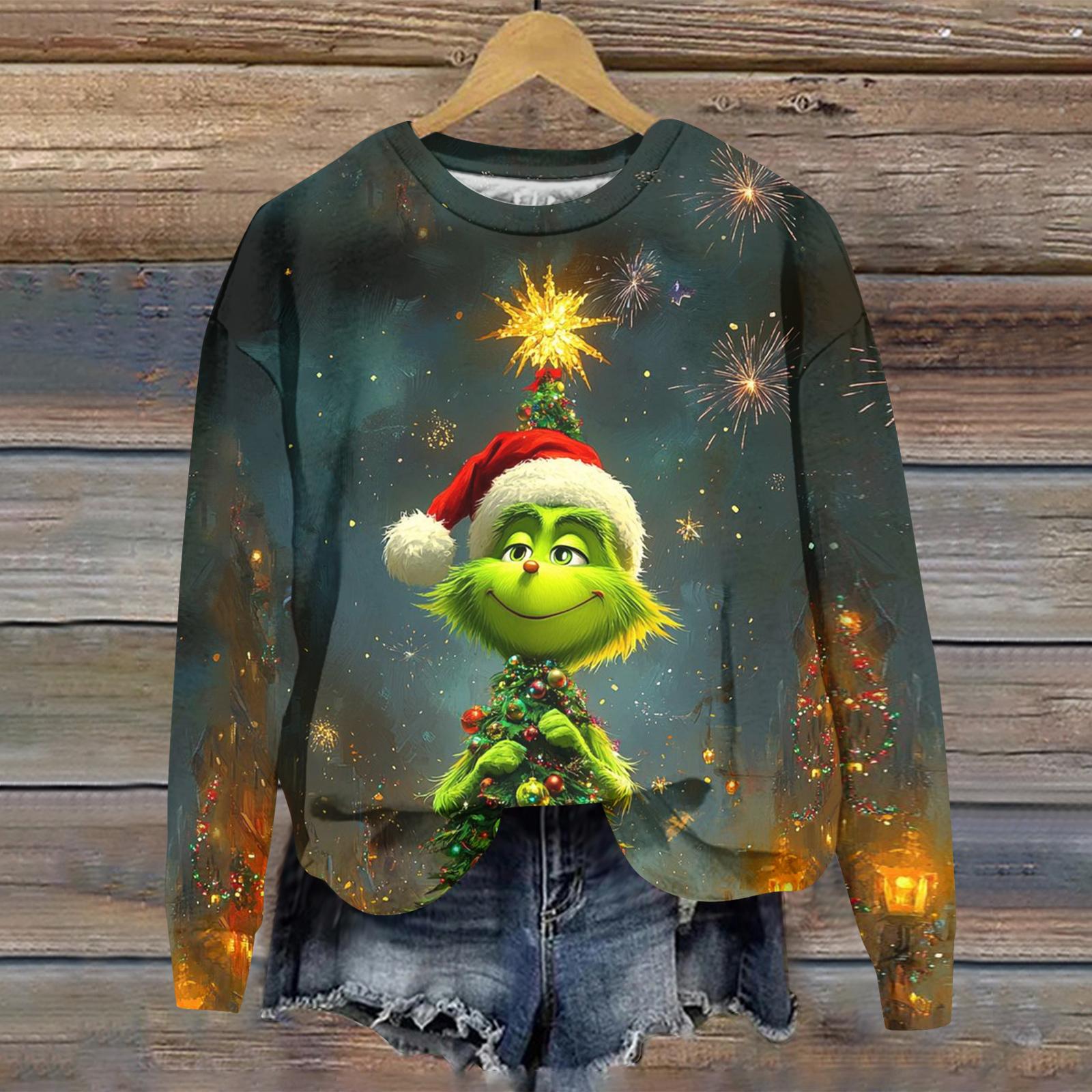 

Ladies Christmas Greentown Print Casual Long Sleeved Round Neck Sports Hoodie Top XXL Темно-синій