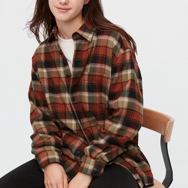 UNIQLO Plaid Point Collar Single-Breasted Long Sleeve Shirt Unisex shirts Dark-Orange 451297-28