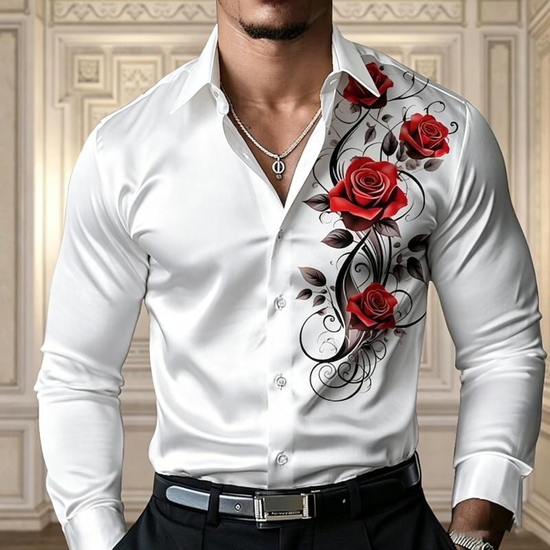 Men's Satin Red Rose Print Long Sleeved Shirt with Slim Fit Collar, Button Down Down, Party Casual Shirt