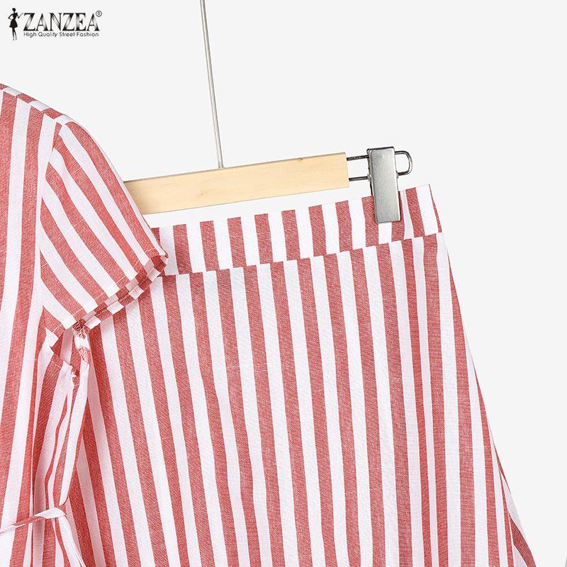 ZANZEA Women Short Sleeve Blouse and Long Skirts Stripe Print Two Piece Suit Sets