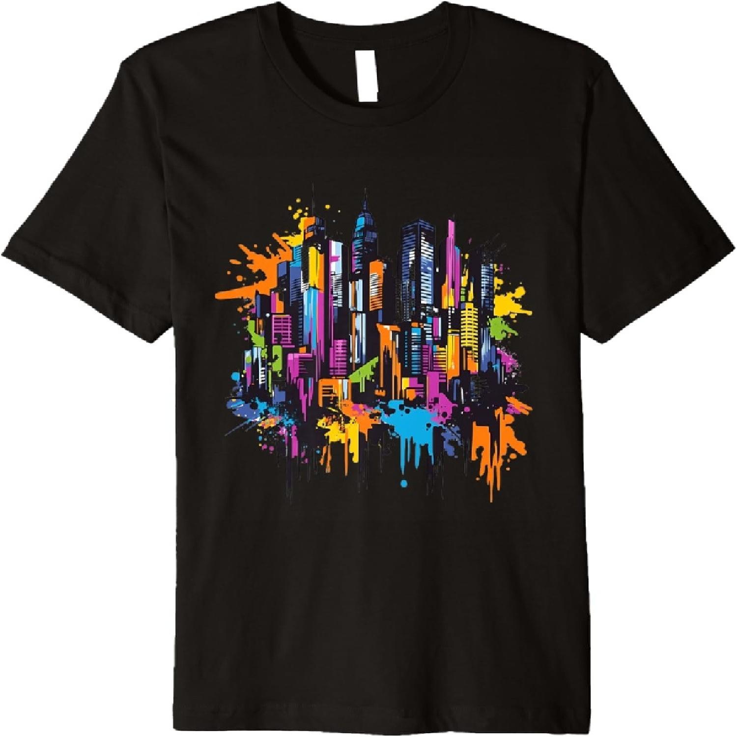 Vibrant City Skyline Abstract Graffiti Artwork Premium T-Shirt S