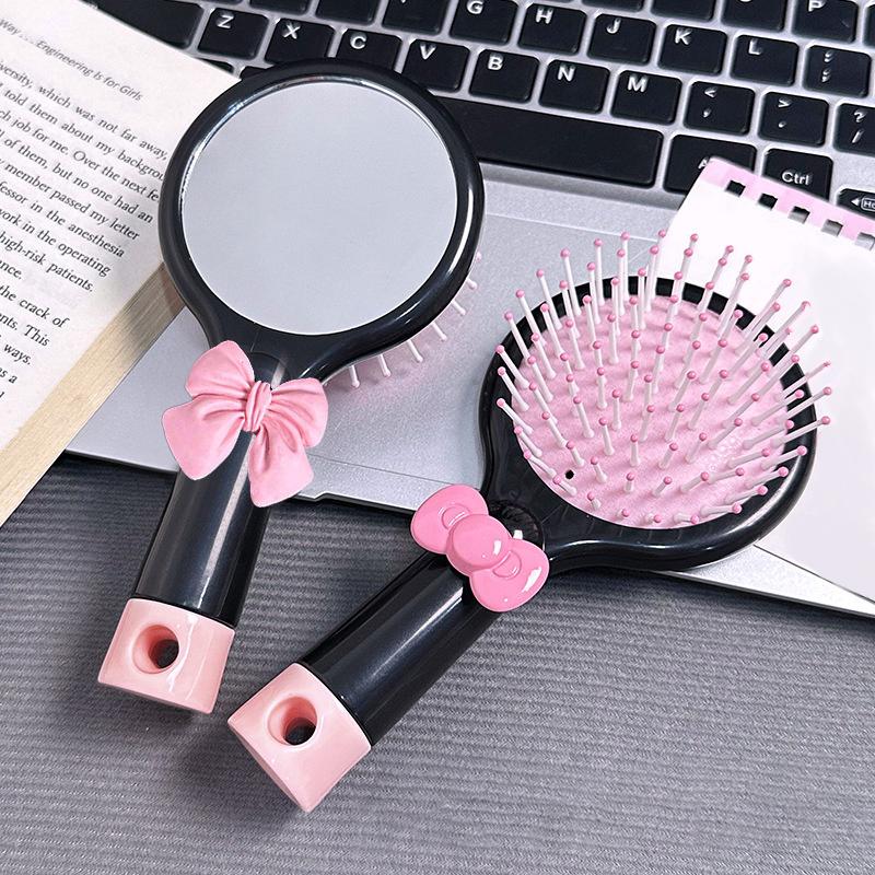 Cute Bow 2-In-1 Mirror Comb Cartoon Air Cushion Comb Portable Student Dormitory Girlfriend Style Handheld Hairdressing Comb