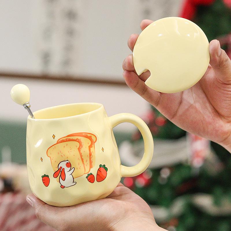 Cream Style Ceramic Mug High Value Drinking Water Cup Pinch Pattern Cup with Lid Spoon Coffee Cup Cute Event Gift Cup