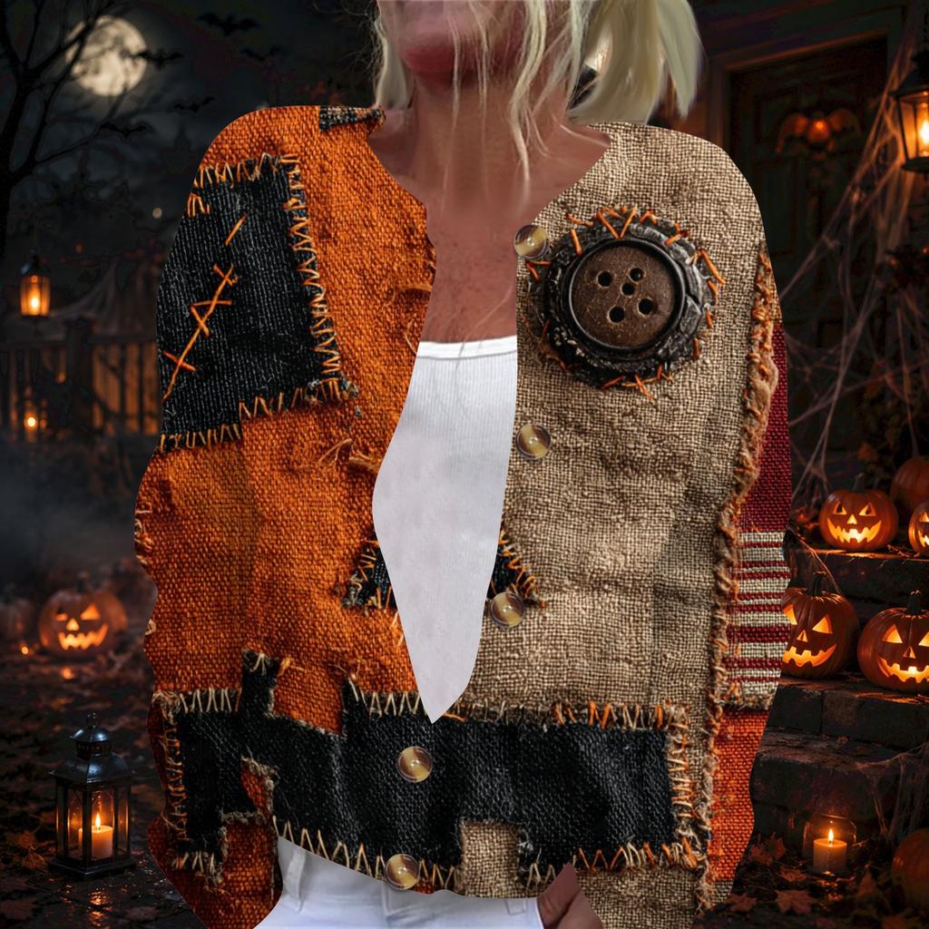 Damen Strickjacke mit langen Ärmeln und Halloween-Print, Pullover mit Knopfleiste für Herbst-Party-Outfits