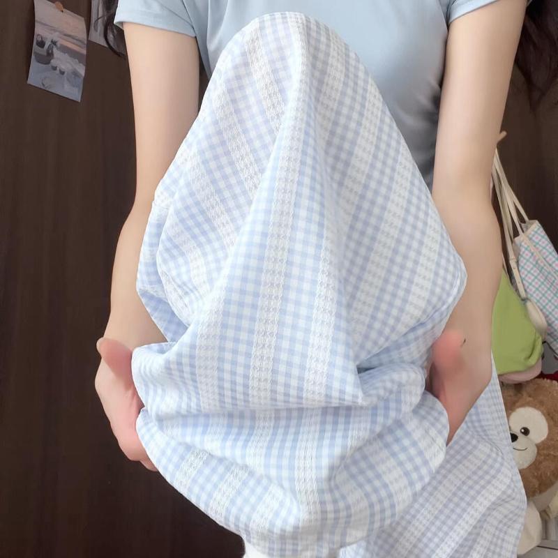 Blue Lazy Casual Plaid Wide-Leg Pants for Women - Summer Thin Loose Fit Slimming Straight-Leg Floor-Length Trousers