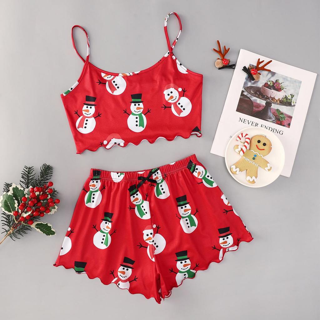 Christmas Style Milk Silk Camisole and Shorts Two-Piece Pajama Set