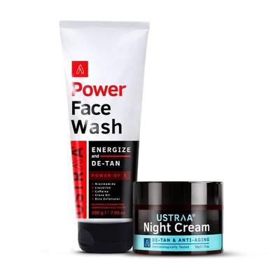 Night Cream - De-tan & Anti-aging - 50g - Aids In Tan Removal | with Niacinamide and Licorice Extract & Power Face Wash - 200g
