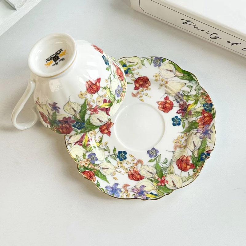 Brilliant Flowers Pattern Ceramic Cup&saucer Gold-plated Coffee Mug Dining Table Milk Mugs Afternoon Tea Teacup Fruits Juice Cup