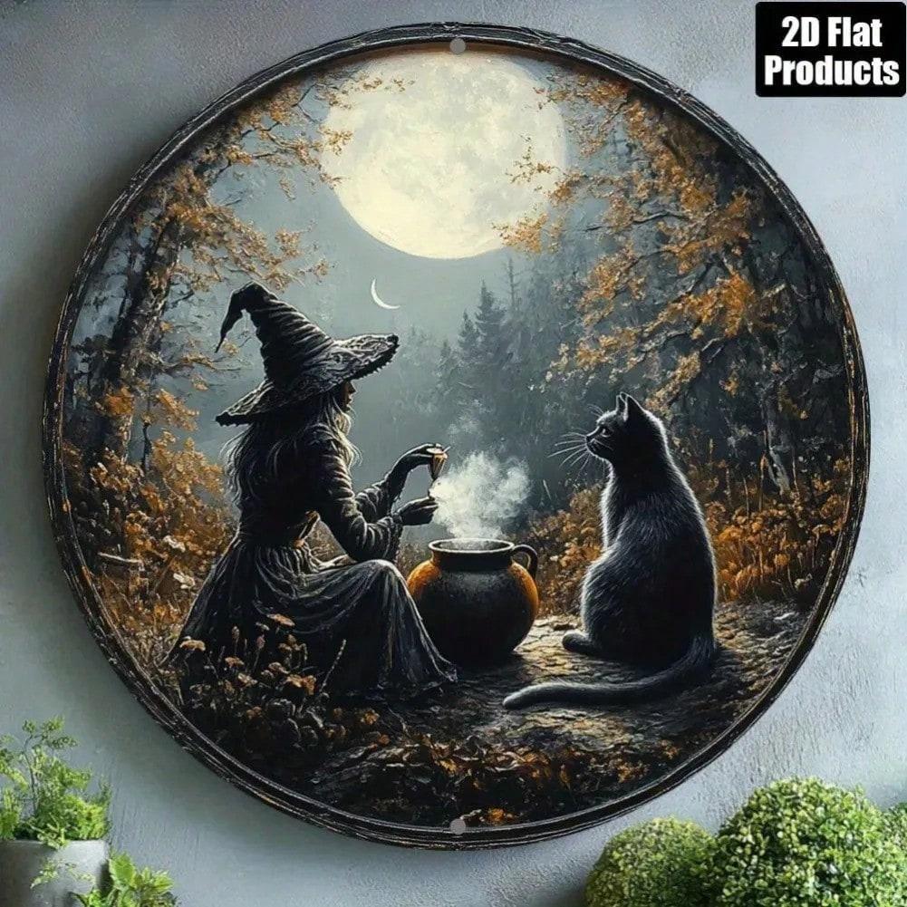 Vintage Halloween Metal Tin Sign Witch Cat Wall Art Decor For Bar Cafe