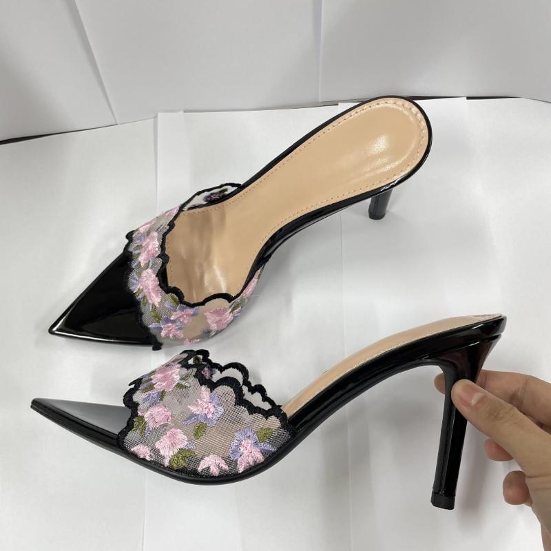Summer Women's Embroidered Pointed-toe Stiletto Mules Comfortable High-heeled Slides For Outdoor Wear