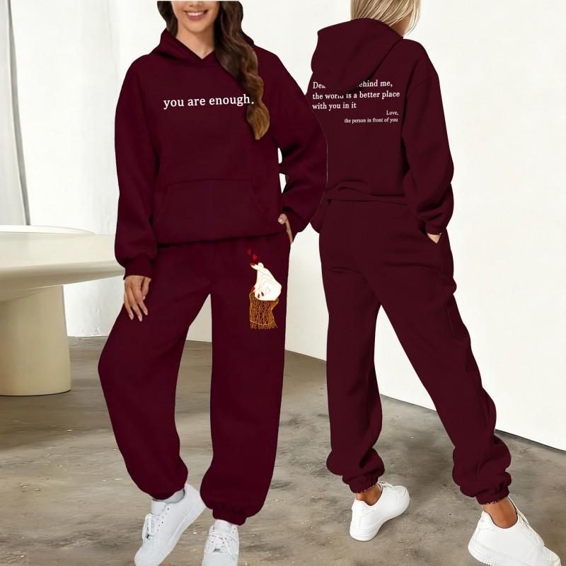 Womens Printed Letter Hooded Sweatshirt Jogger Pants Set Winter Casual Sportswear Outfit