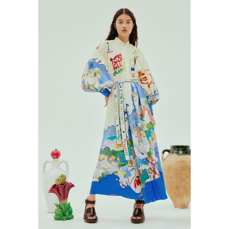 

Fashion Single-Breasted Long Lantern Sleeve Graffiti Printing Shoelace Waist-Tight Dress Flower color S