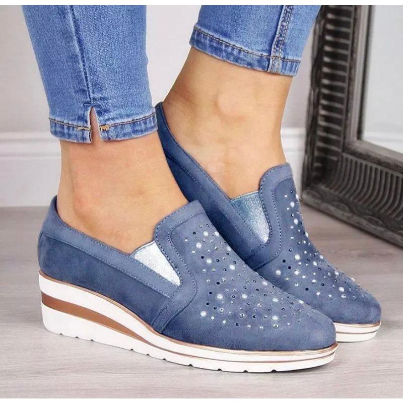 20 summer new rhinestone slope heel single shoes women's light flat lazy shoes large size medium heel women's shoes