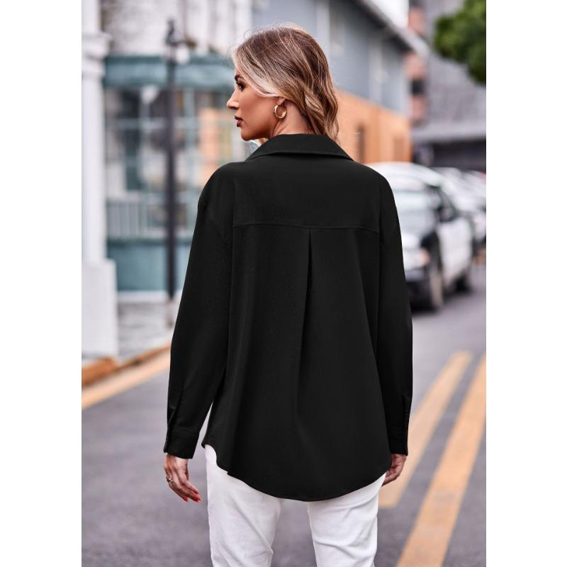 Women S Long Sleeve Solid Color Button Up Shirt With Pockets Casual