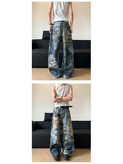 Women's Retro Graffiti Wide Leg Jeans - Casual Distressed Long Pants