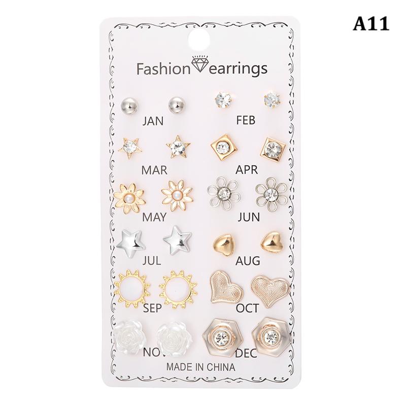 

12 пар комбинированных сережек-гвоздиков, комплект из искусственного жемчуга, цветка, сердца, звезды, маленькие серьги для женщин, смешанный стиль, украшения на месяц