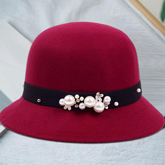 Top Hat British Style Faux Pearl Decor Down Brim Sunshading Round Top Decorate Retro Vintage Women Cloche Hat for Church