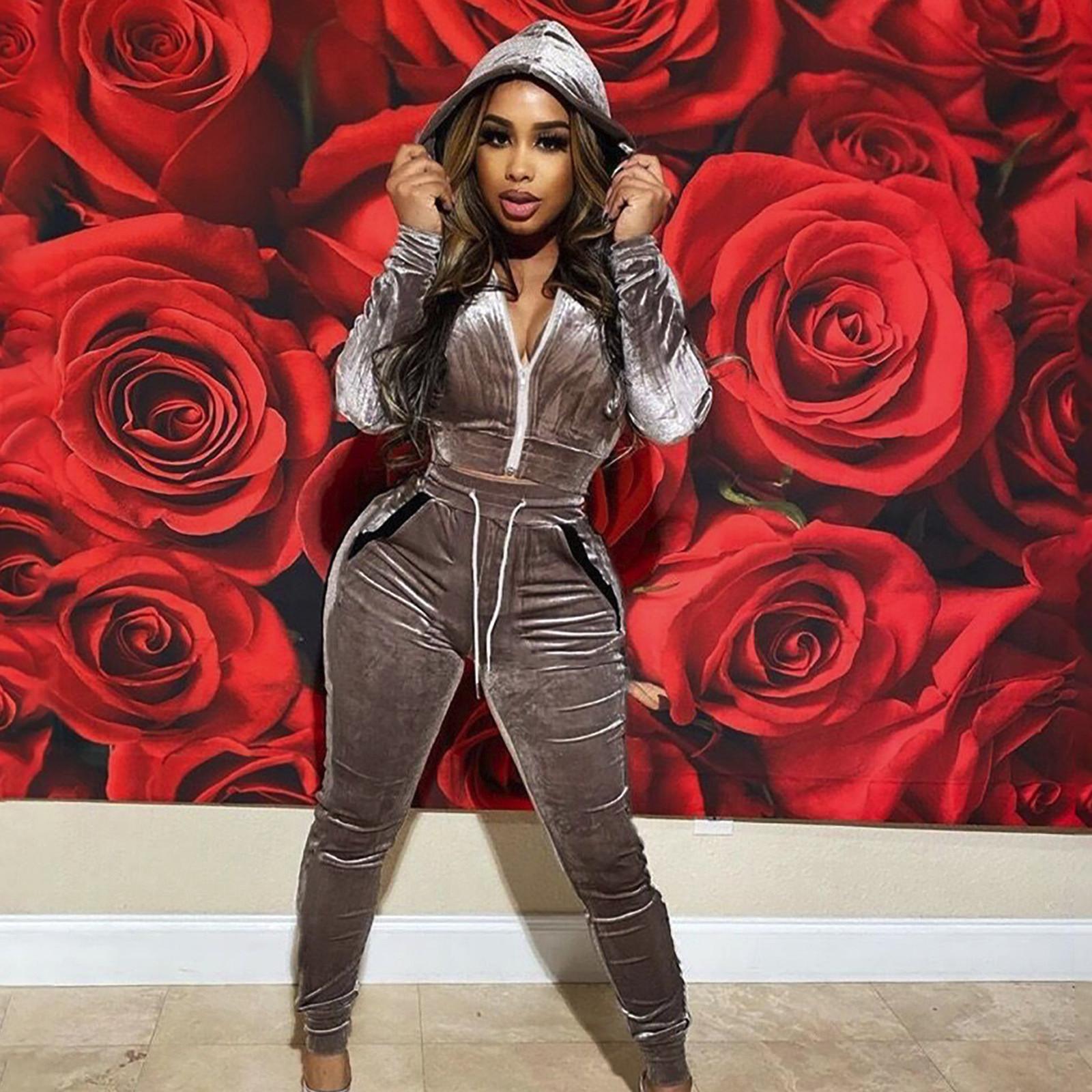 

Women s Fashion Hooded Long Sleeve Slim Zipper Sports Casual Velvet Suit L коричневий