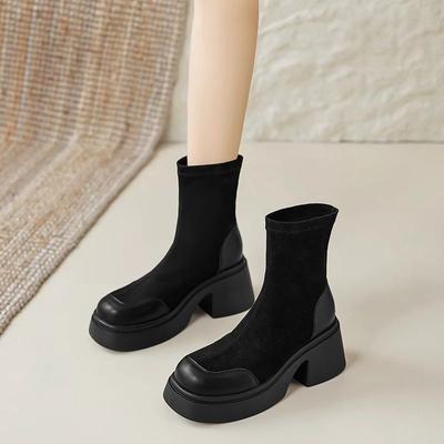 Rough 2025 Autumn and Winter New Heel Short Boots Thick Heel Solid Color Sleeve Temperament Black Thick-soled Martin Boots Elastic Thin Boots