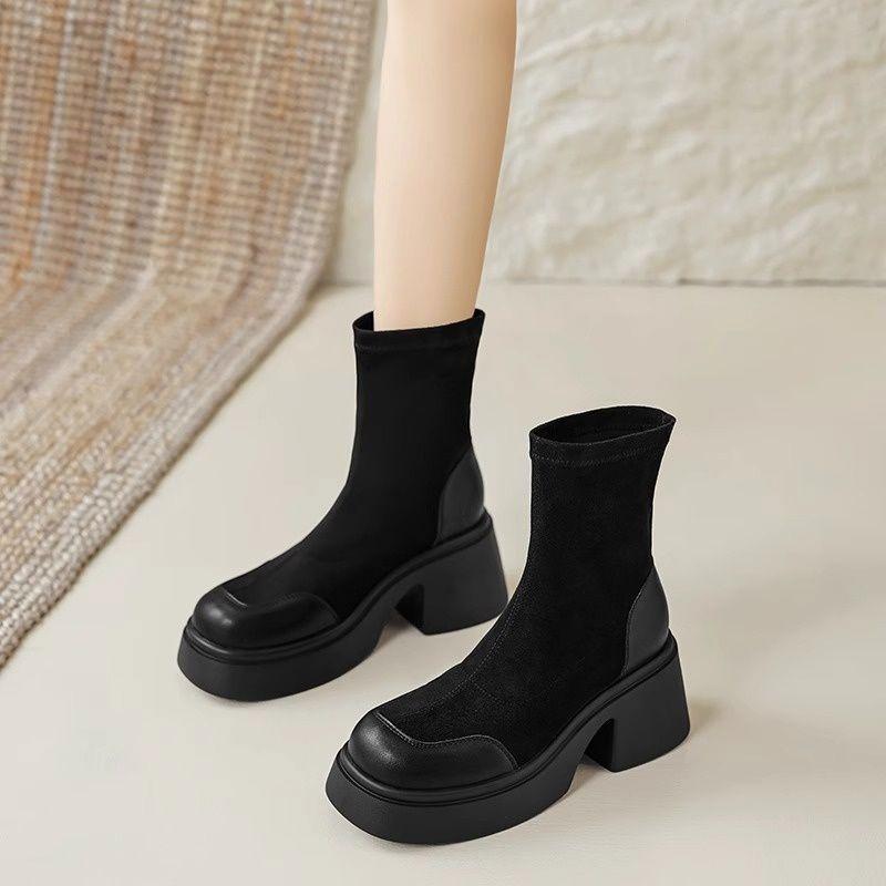 rough 2025 autumn and winter new heel short boots thick heel solid color sleeve temperament black thick-soled Martin boots elastic thin boots