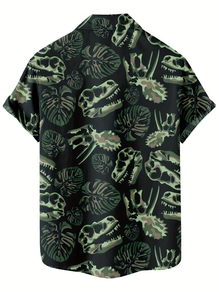[Gedrucktes Design – Nicht strukturiert] Dinosaurier-Fossilienmuster-Print Herren Freizeit Persönlichkeit Hip-Hop Party Straße Hawaiianisches Hemd, ein Perfektes Geschenk