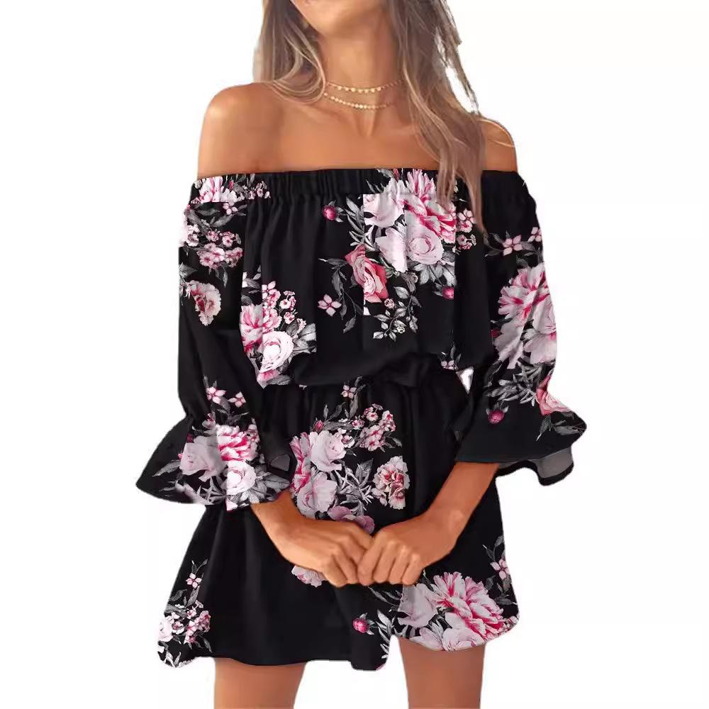 2026 European and American cross-border Amazon independent station sexy fashion one-word shoulder printing dress women's clothing, spot