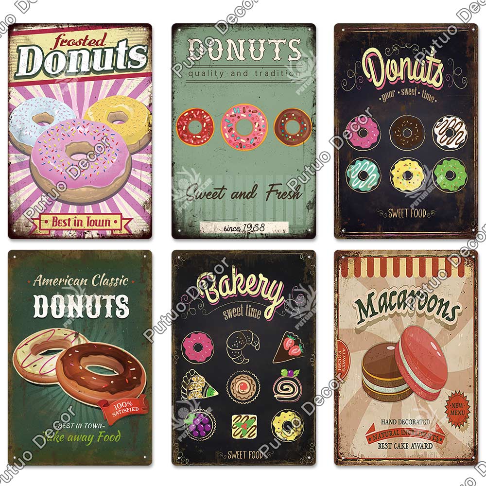 Putuo Decor Donuts Dessert Vintage Plaque Metal Plate Tin Sign Wall Art Decor Retro Poster for Kitchen Cafe Home Iron Painting