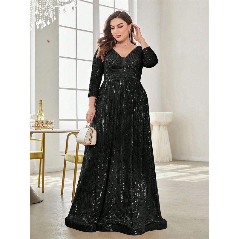 New Plus-Size Evening Dress with Sequins and Long Sleeves, Birthday Gown, Banquet Party Dress