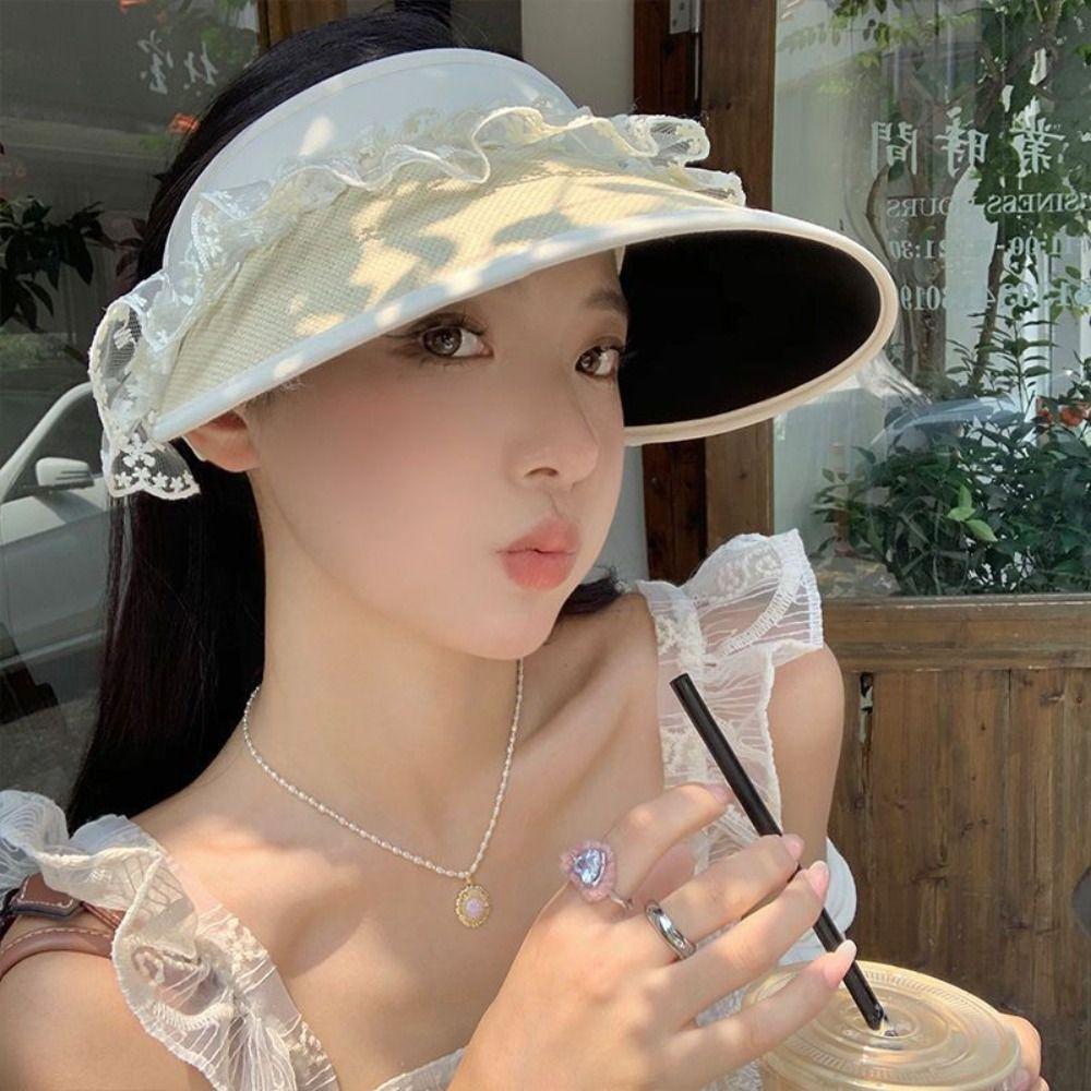 New UV Protection Lace Bow-knot Empty Top Sun Hat Large Brim Breathable Beach Hat UPF50+ Lightweight Women's Hat for Summer