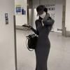 Vintage Black Bodycon Dress Retro Evening Party Elegant Wrap Long Sleeve Dresses for Women Autumn Fall V-neck Polo
