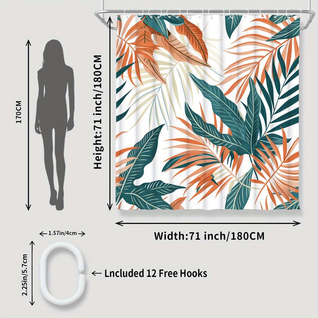 "1pc Tropical Leaf Shower Curtain - Waterproof Polyester, 12 Hooks, 71x71", Home & Bathroom Decor