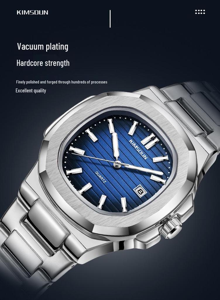 Jin Shidun Men's Luminous Quartz Skeleton Watch with Steel Band and Date Display.